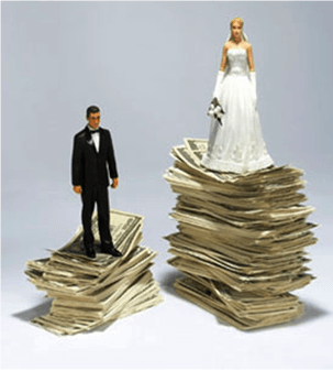 A bride and groom are standing on different stacks of dollars. The bride is standing on a higher pile. It symbolizes the importance of signing a prenuptial agreement before getting married.