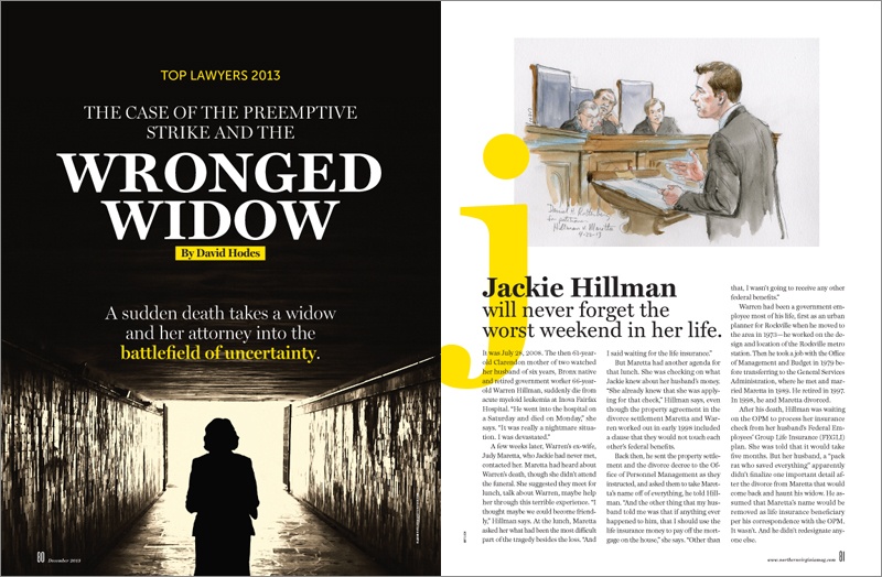 A screenshot of the story 'The Case of the Preemptive Strike and the Wronged Widow' in the December 2013 issue of Northern Virginia magazine.