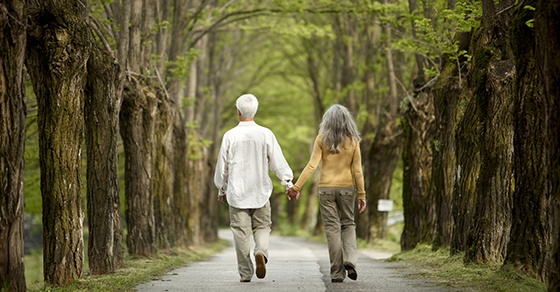 An elderly couple walks hand-in-hand down a wooded path.
