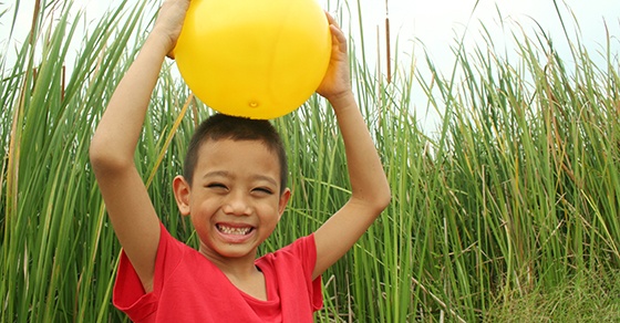 A child carries a yellow balloon in high grass.
