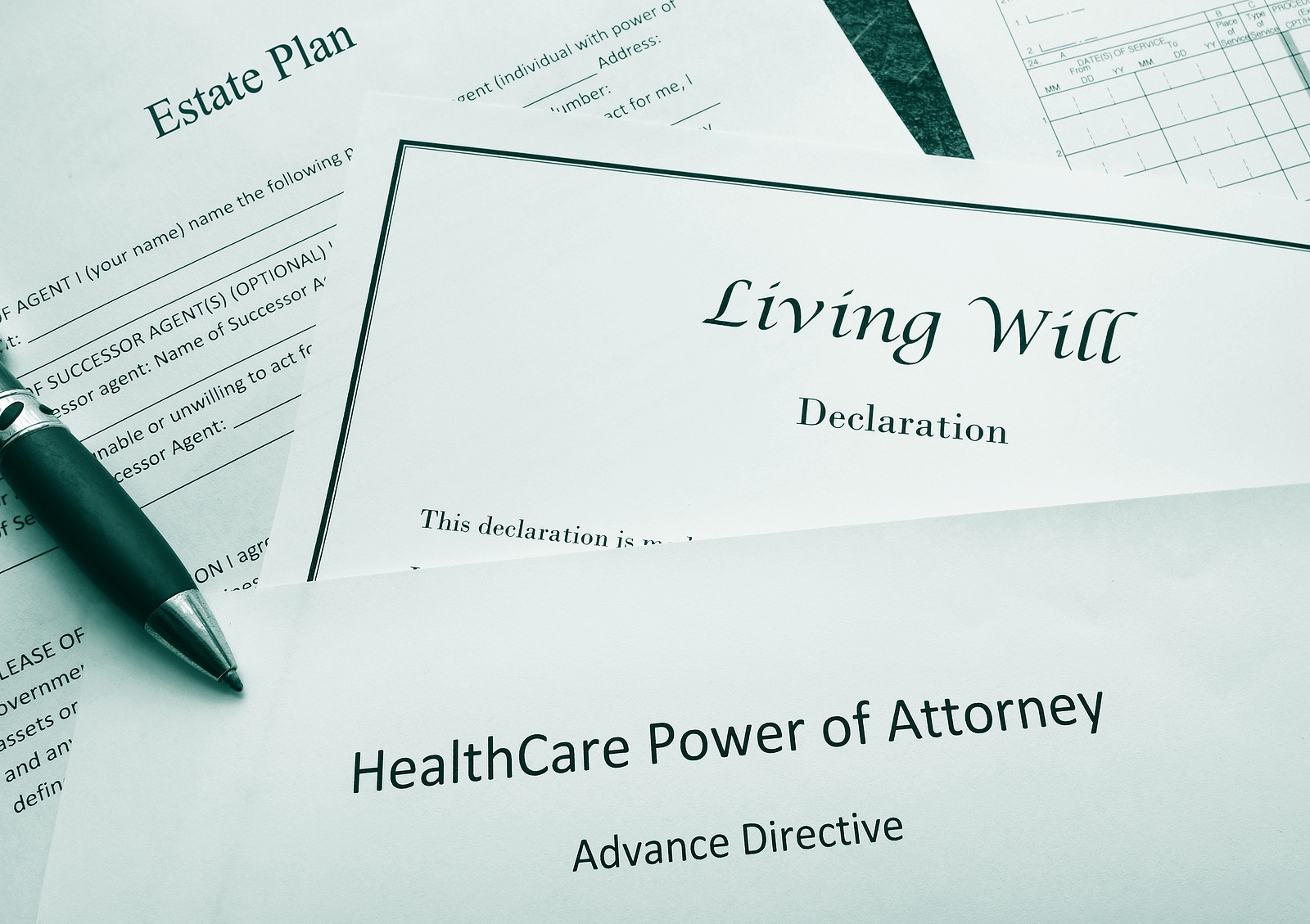 Estate plan, living will, and healthcare power of attorney advance directive documents are displayed.